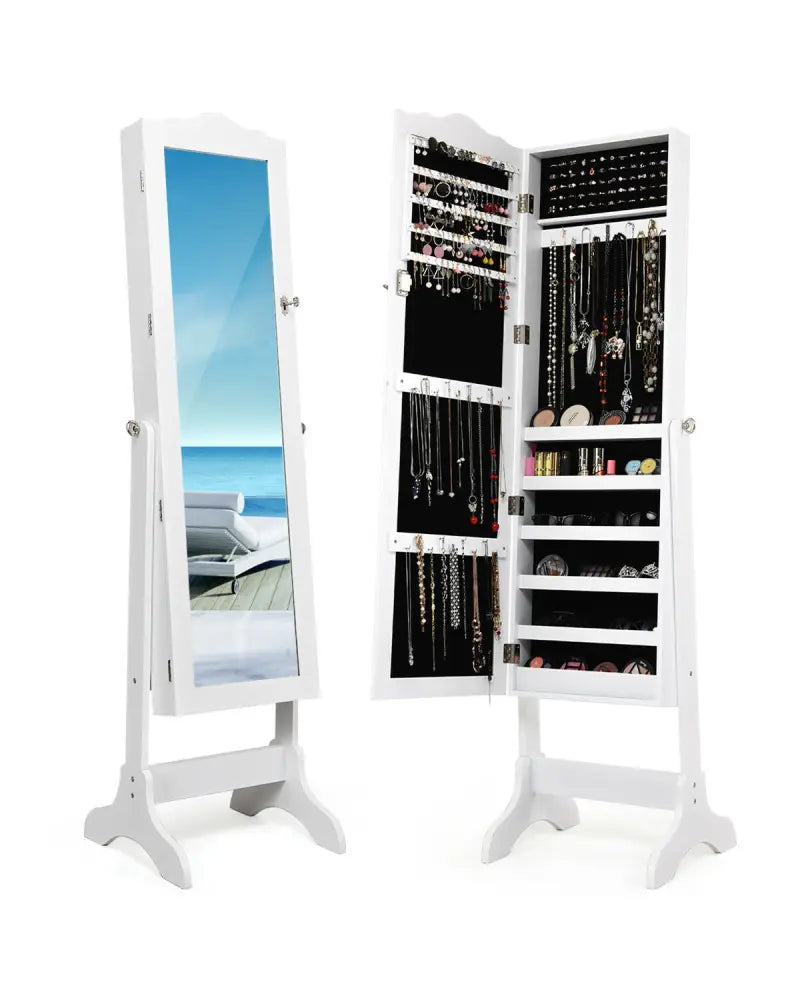 Mirrored Lockable Jewelry Cabinet Armoire Organizer Storage Box-White - White - Jewelry Armoires