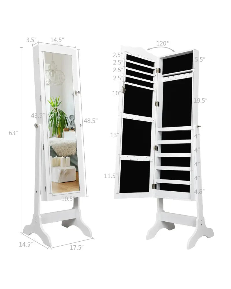 Mirrored Lockable Jewelry Cabinet Armoire Organizer Storage Box-White - White - Jewelry Armoires