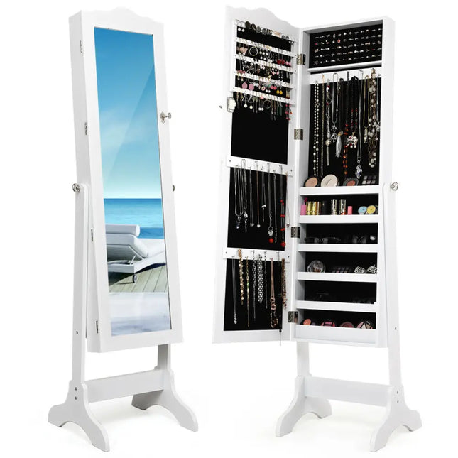 Mirrored Lockable Jewelry Cabinet Armoire Organizer Storage Box-White - White - Jewelry Armoires