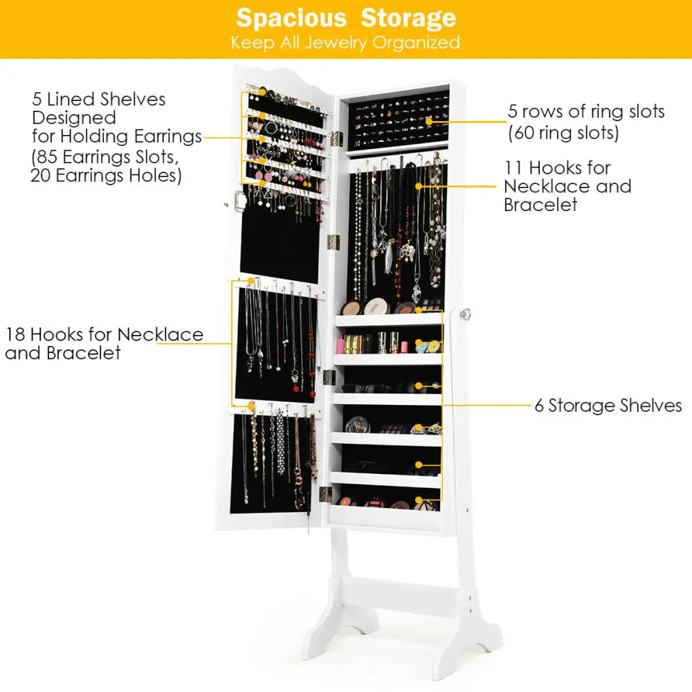 Mirrored Lockable Jewelry Cabinet Armoire Organizer Storage Box-White - White - Jewelry Armoires