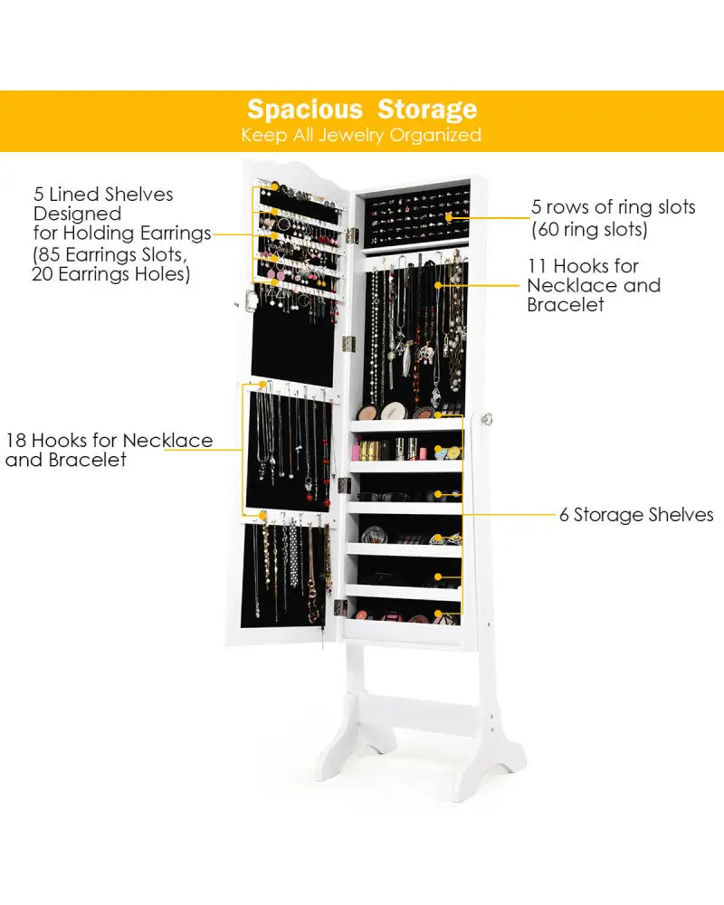 Mirrored Lockable Jewelry Cabinet Armoire Organizer Storage Box-White - White - Jewelry Armoires