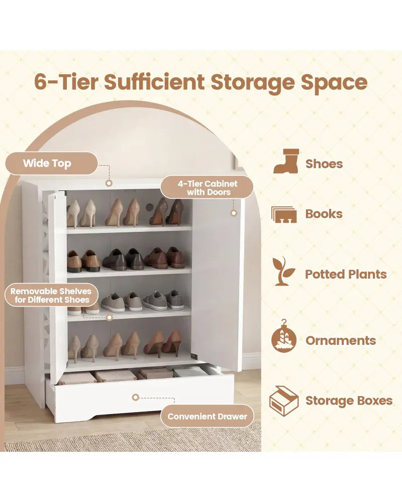 Mirrored Shoe Cabinet 4-Tier Shoe Organizer with Large Drawer-White - White - Shoe Racks & Storage Benches