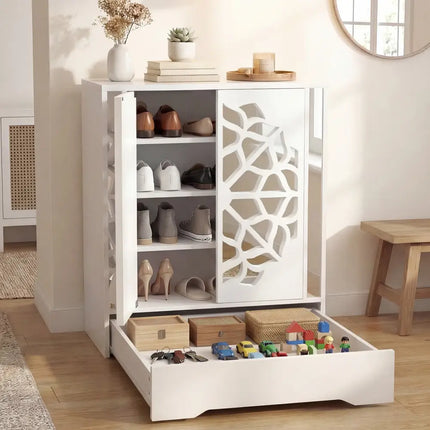 Mirrored Shoe Cabinet 4-Tier Shoe Organizer with Large Drawer-White - White - Shoe Racks & Storage Benches