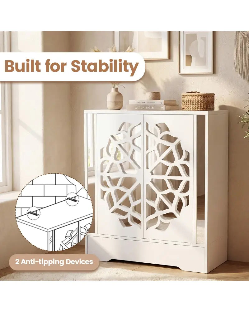 Mirrored Shoe Cabinet 4-Tier Shoe Organizer with Large Drawer-White - White - Shoe Racks & Storage Benches