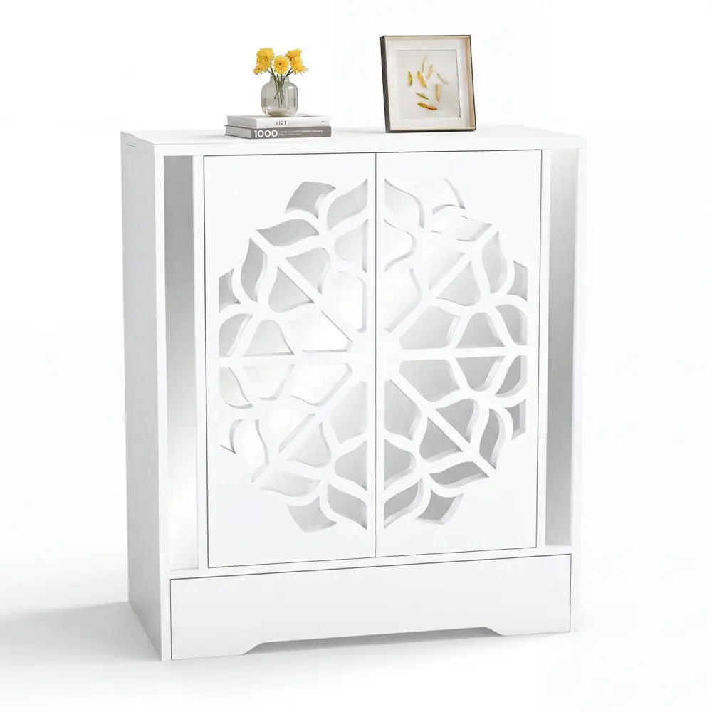 Mirrored Shoe Cabinet 4-Tier Shoe Organizer with Large Drawer-White - White - Shoe Racks & Storage Benches