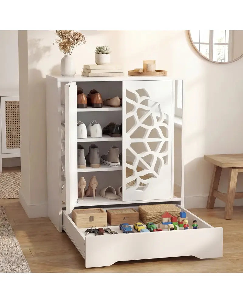 Mirrored Shoe Cabinet 4-Tier Shoe Organizer with Large Drawer-White - White - Shoe Racks & Storage Benches