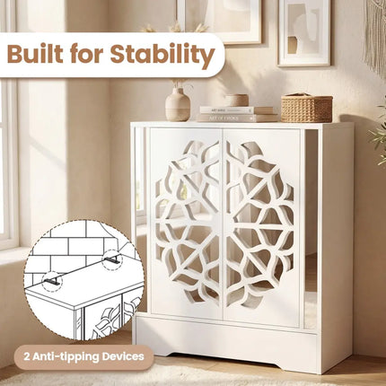 Mirrored Shoe Cabinet 4-Tier Shoe Organizer with Large Drawer-White - White - Shoe Racks & Storage Benches