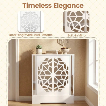 Mirrored Shoe Cabinet 4-Tier Shoe Organizer with Large Drawer-White - White - Shoe Racks & Storage Benches