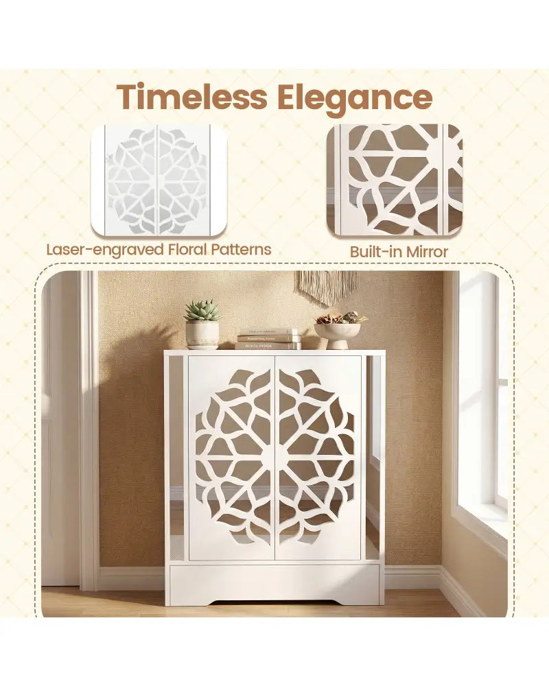 Mirrored Shoe Cabinet 4-Tier Shoe Organizer with Large Drawer-White - White - Shoe Racks & Storage Benches