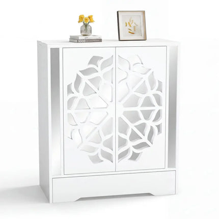 Mirrored Shoe Cabinet 4-Tier Shoe Organizer with Large Drawer-White - White - Shoe Racks & Storage Benches