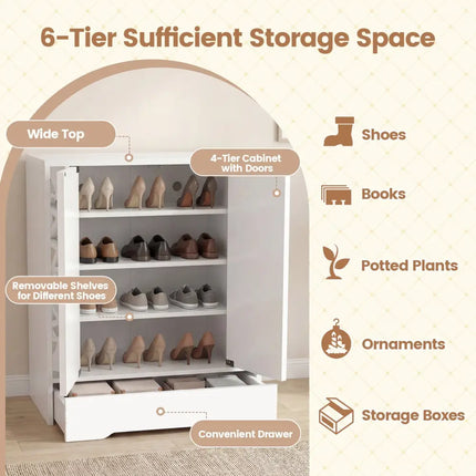 Mirrored Shoe Cabinet 4-Tier Shoe Organizer with Large Drawer-White - White - Shoe Racks & Storage Benches