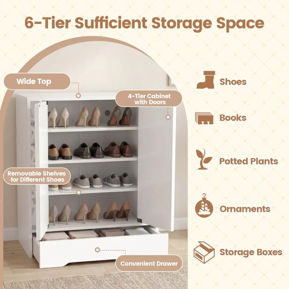 Mirrored Shoe Cabinet 4-Tier Shoe Organizer with Large Drawer-White - White - Shoe Racks & Storage Benches