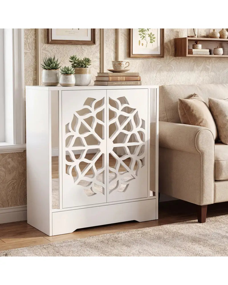 Mirrored Shoe Cabinet 4-Tier Shoe Organizer with Large Drawer-White - White - Shoe Racks & Storage Benches
