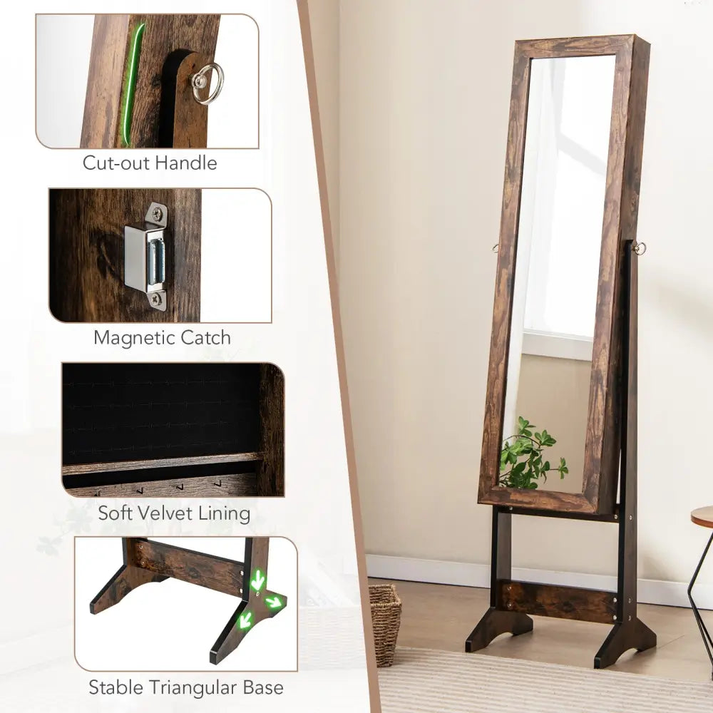 Mirrored Standing Jewelry Cabinet Storage Box-Brown - Brown - Jewelry Armoires