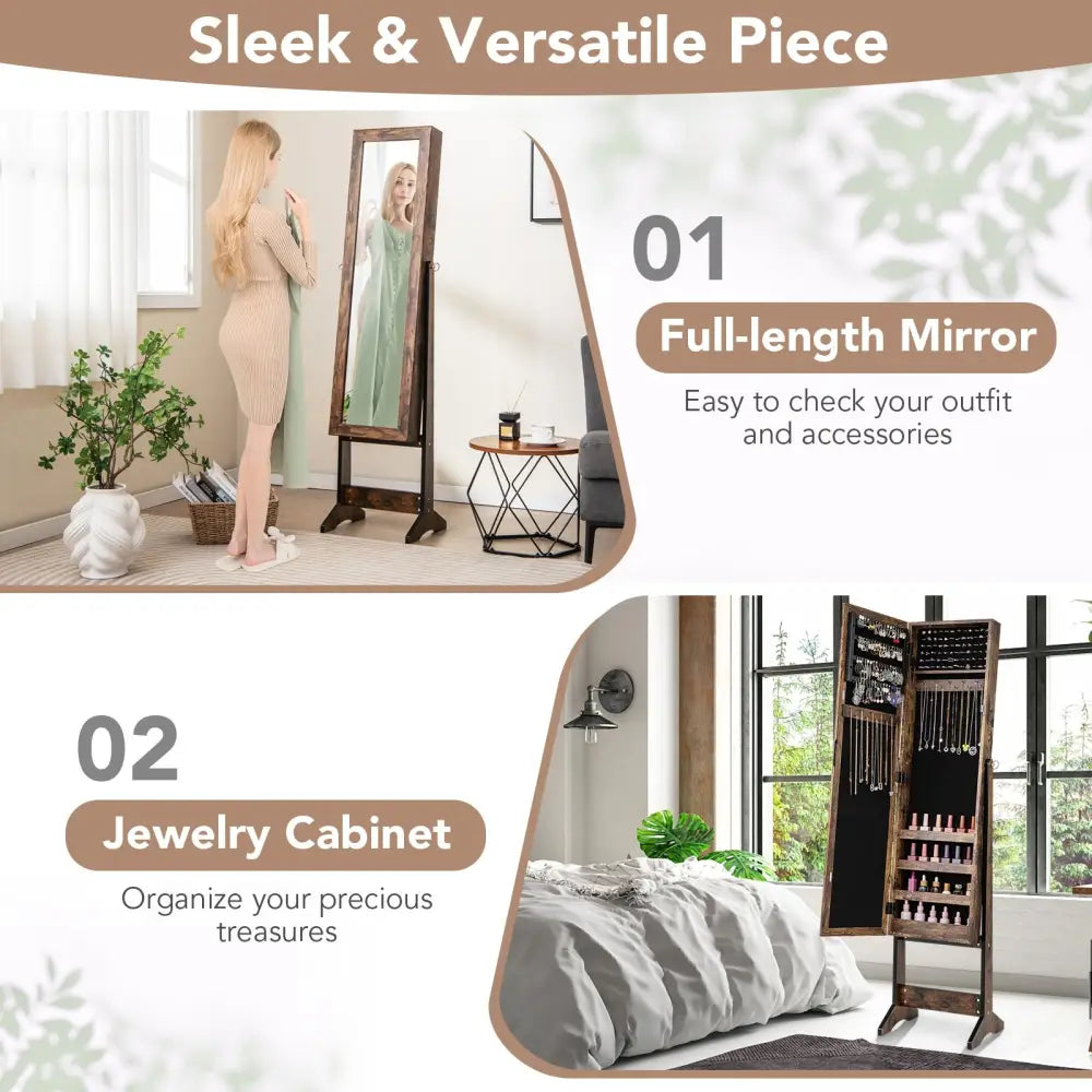 Mirrored Standing Jewelry Cabinet Storage Box-Brown - Brown - Jewelry Armoires