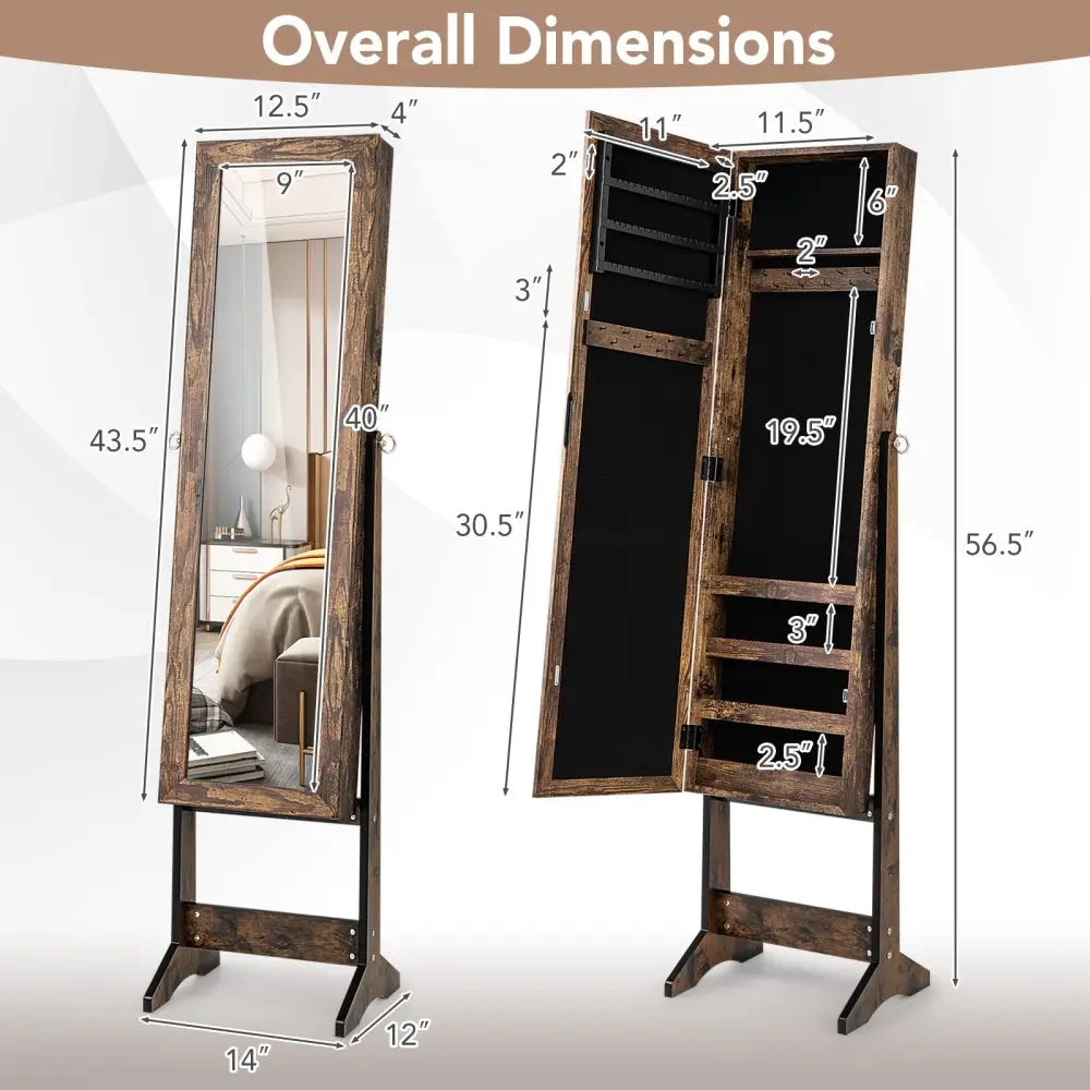Mirrored Standing Jewelry Cabinet Storage Box-Brown - Brown - Jewelry Armoires