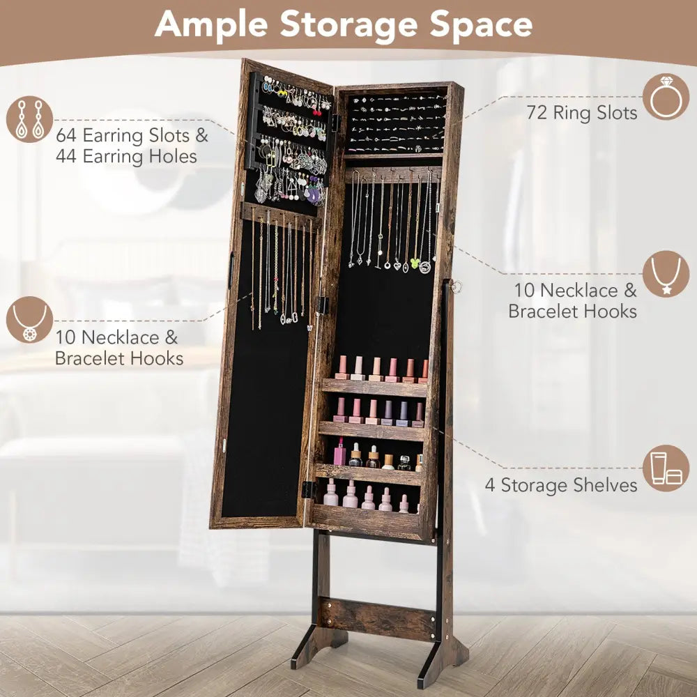 Mirrored Standing Jewelry Cabinet Storage Box-Brown - Brown - Jewelry Armoires