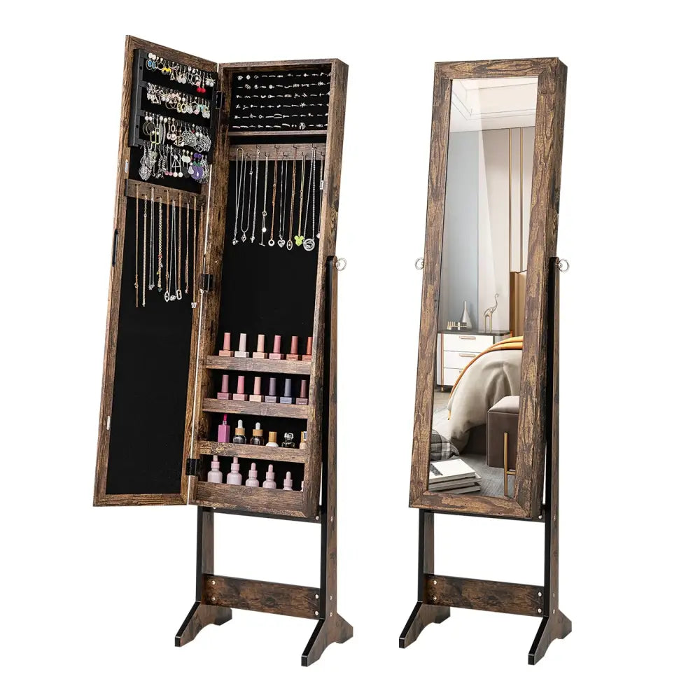 Mirrored Standing Jewelry Cabinet Storage Box-Brown - Brown - Jewelry Armoires
