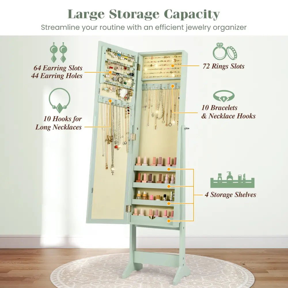 Mirrored Standing Jewelry Cabinet Storage Box-Green - Green - Jewelry Armoires