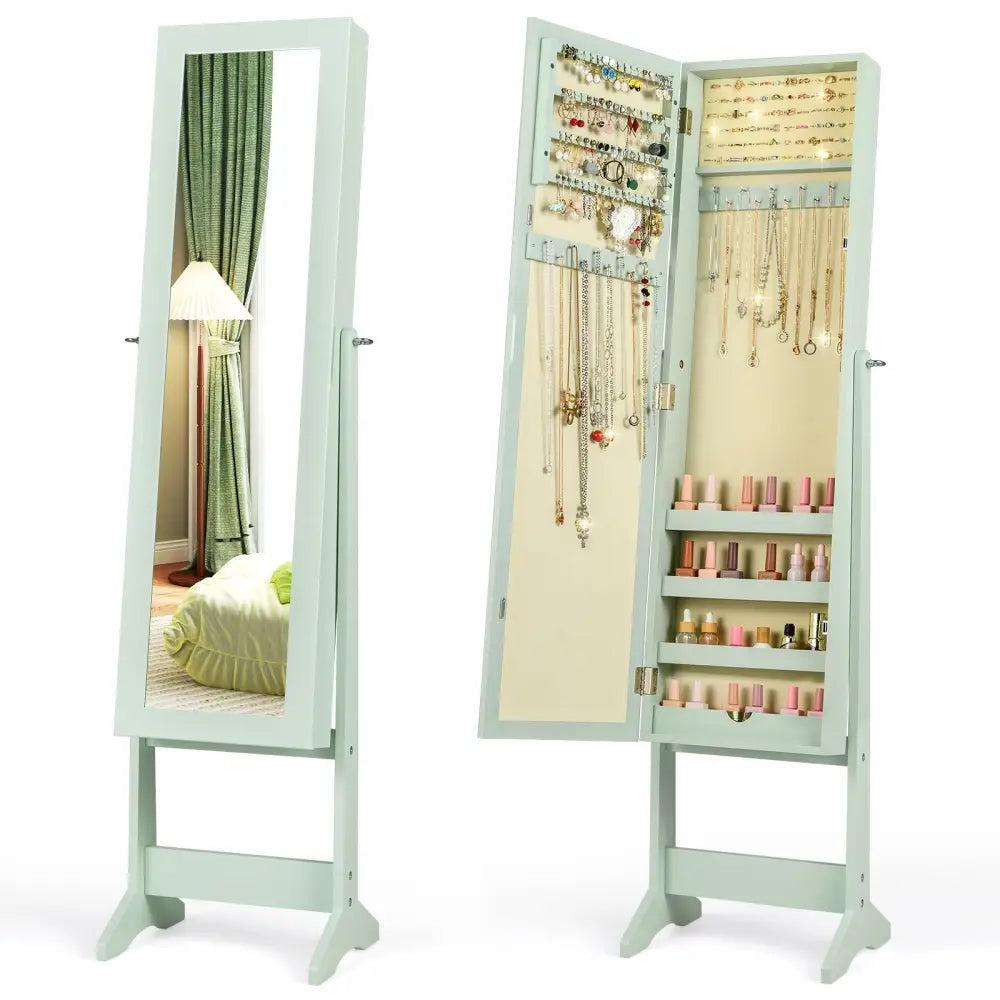 Mirrored Standing Jewelry Cabinet Storage Box-Green - Green - Jewelry Armoires