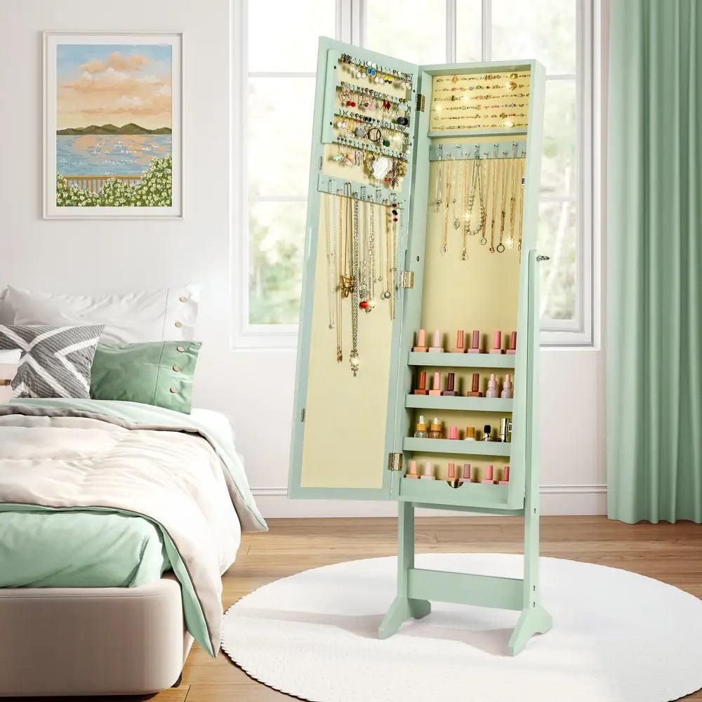 Mirrored Standing Jewelry Cabinet Storage Box-Green - Green - Jewelry Armoires