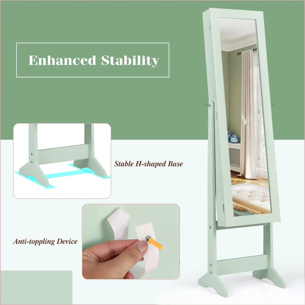 Mirrored Standing Jewelry Cabinet Storage Box-Green - Green - Jewelry Armoires
