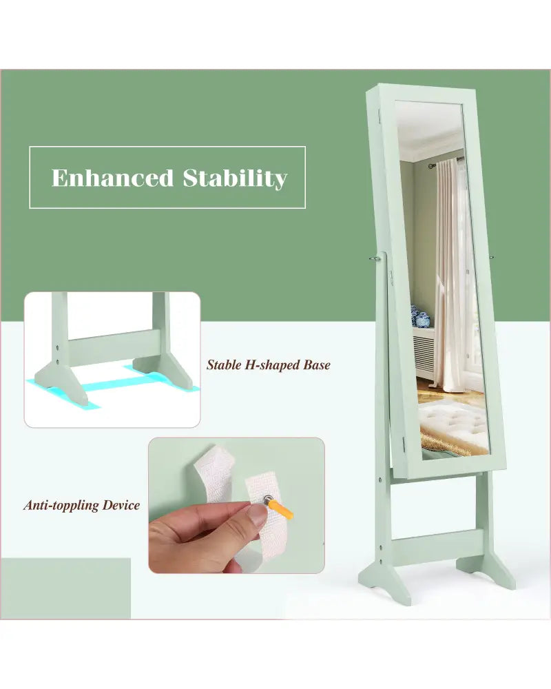 Mirrored Standing Jewelry Cabinet Storage Box-Green - Green - Jewelry Armoires