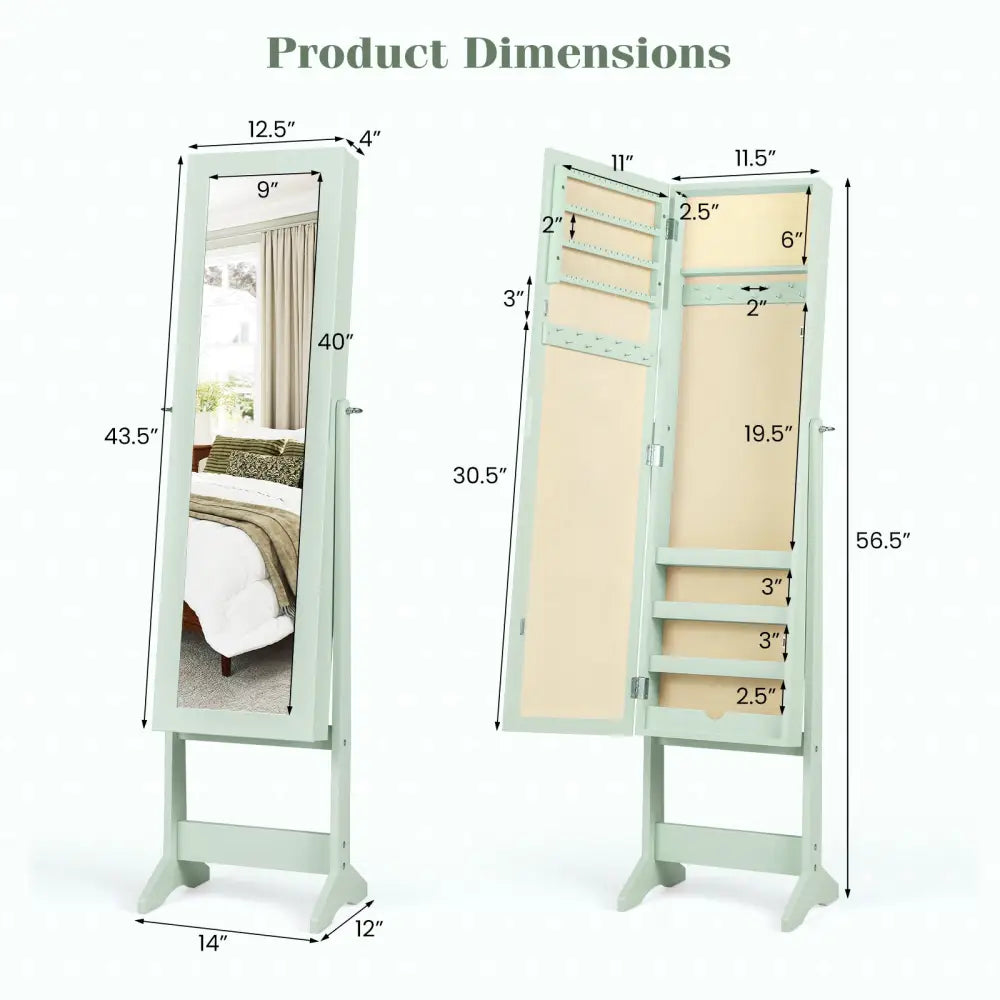 Mirrored Standing Jewelry Cabinet Storage Box-Green - Green - Jewelry Armoires