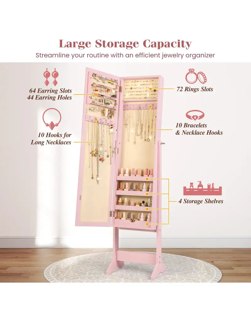 Mirrored Standing Jewelry Cabinet Storage Box-Pink - Pink - Jewelry Armoires
