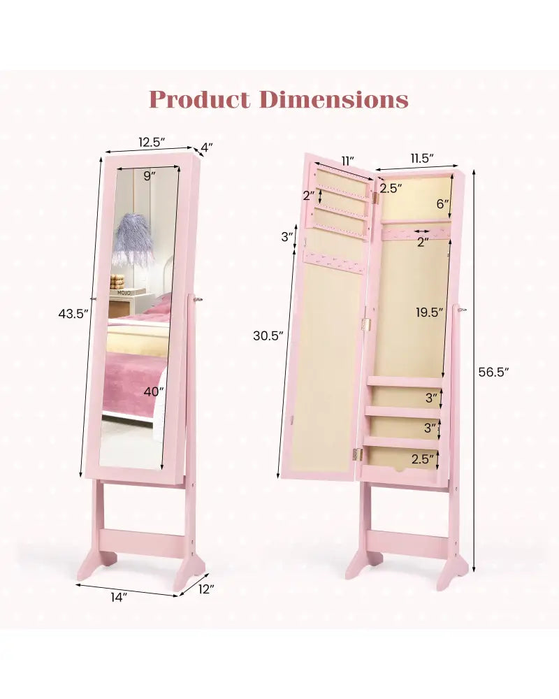 Mirrored Standing Jewelry Cabinet Storage Box-Pink - Pink - Jewelry Armoires