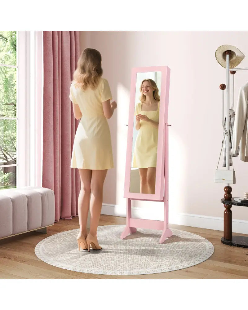 Mirrored Standing Jewelry Cabinet Storage Box-Pink - Pink - Jewelry Armoires