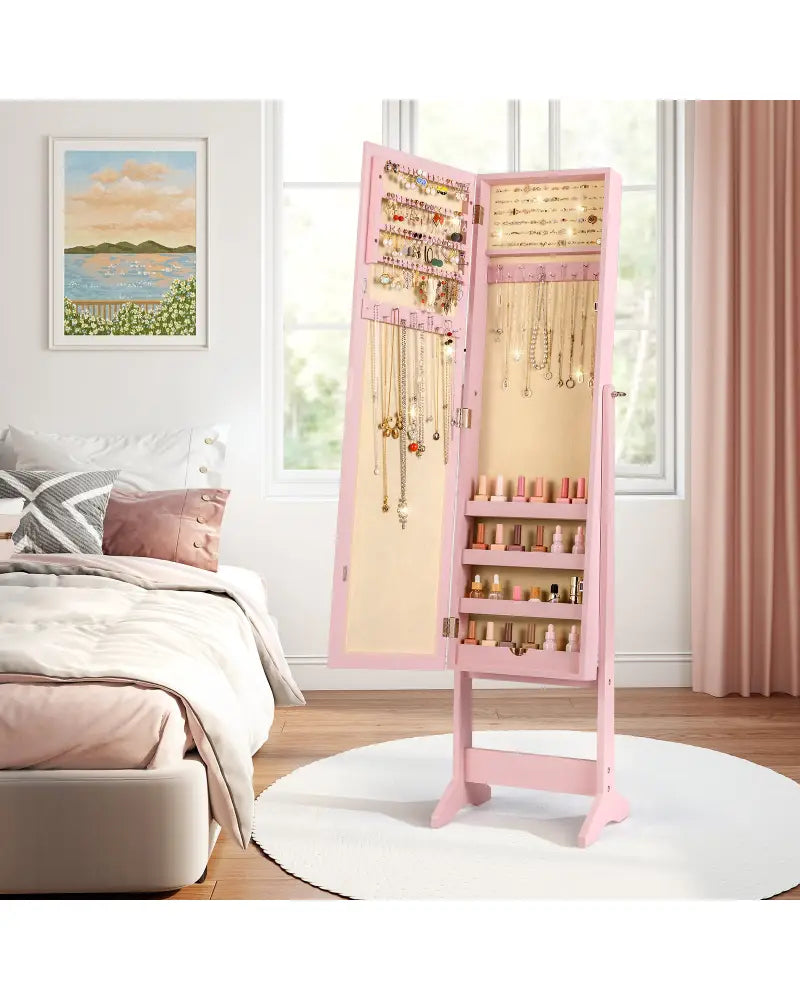 Mirrored Standing Jewelry Cabinet Storage Box-Pink - Pink - Jewelry Armoires