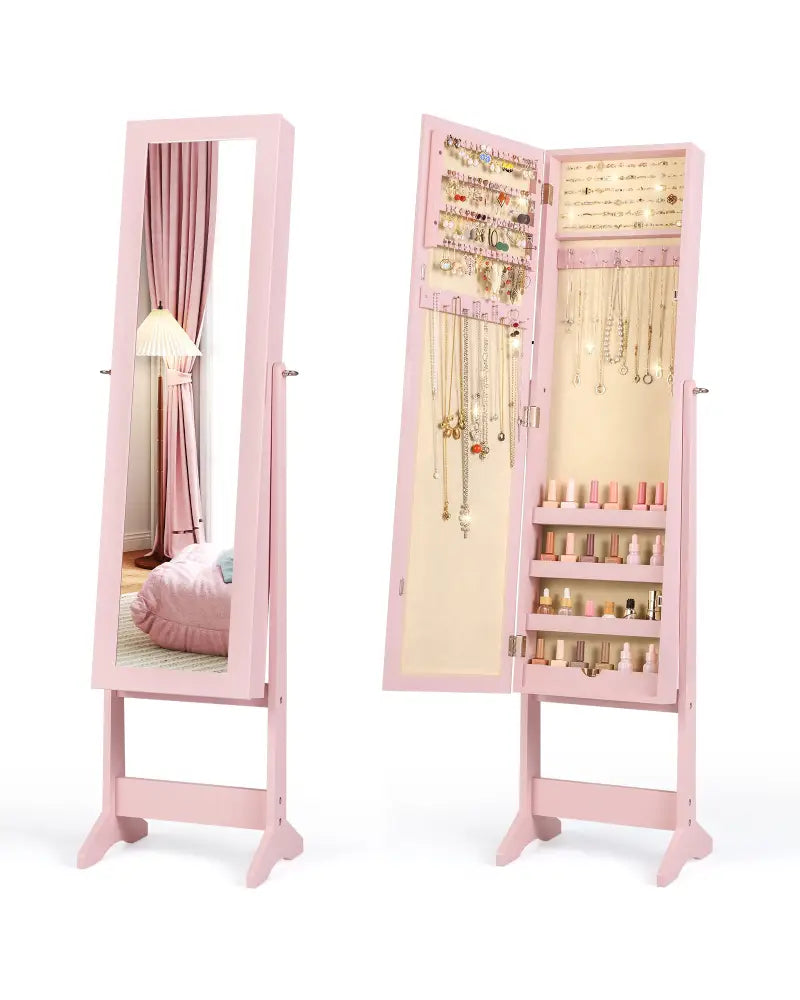 Mirrored Standing Jewelry Cabinet Storage Box-Pink - Pink - Jewelry Armoires
