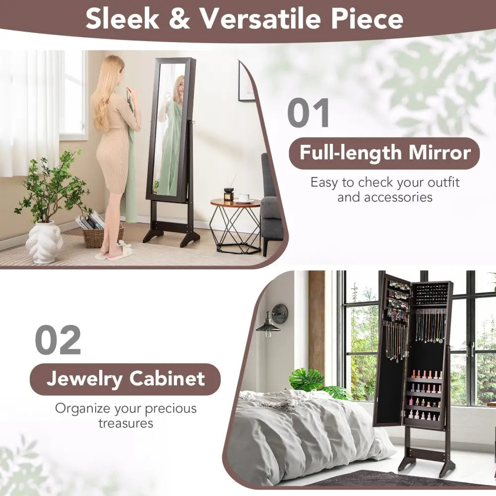 Mirrored Standing Jewelry Cabinet Storage Box-Rustic Brown - Rustic Brown - Jewelry Armoires
