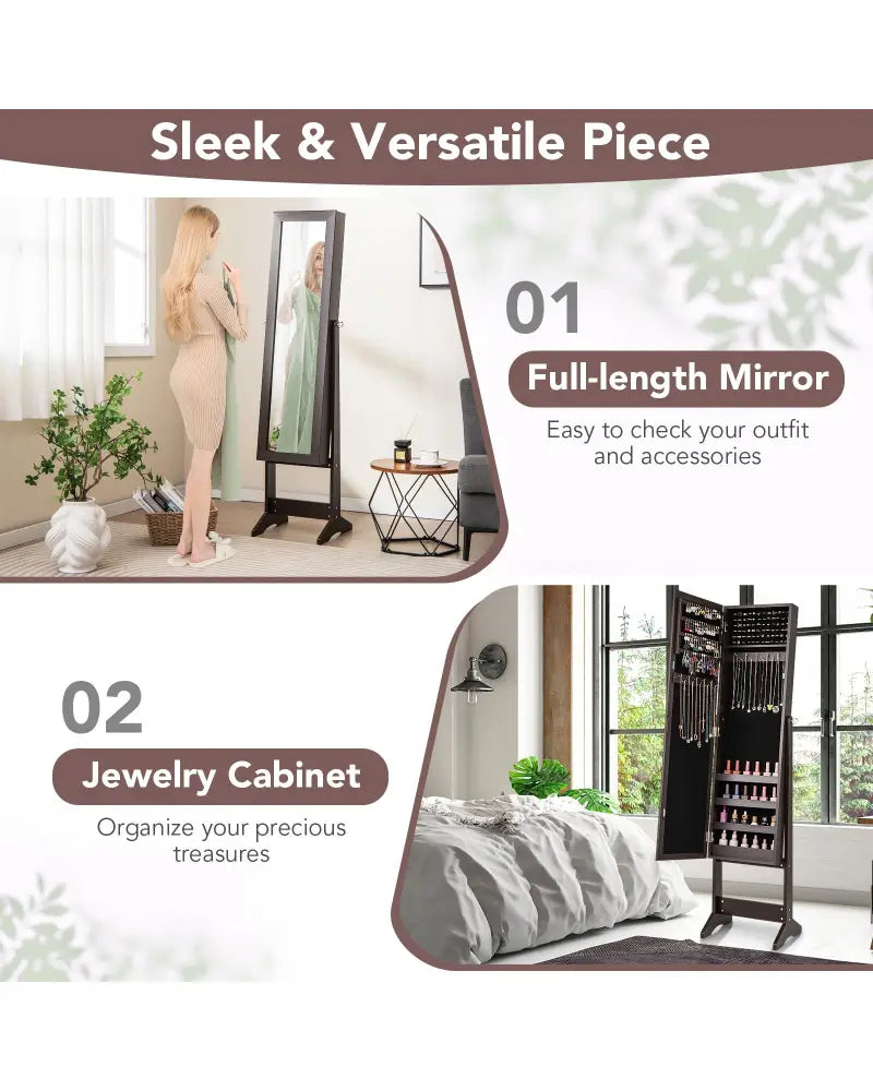 Mirrored Standing Jewelry Cabinet Storage Box-Rustic Brown - Rustic Brown - Jewelry Armoires
