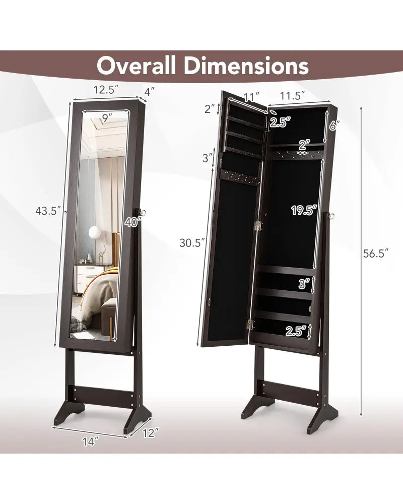 Mirrored Standing Jewelry Cabinet Storage Box-Rustic Brown - Rustic Brown - Jewelry Armoires
