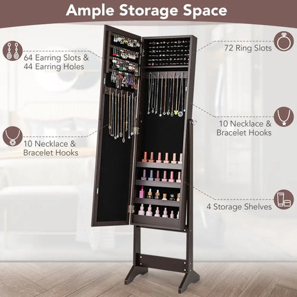 Mirrored Standing Jewelry Cabinet Storage Box-Rustic Brown - Rustic Brown - Jewelry Armoires