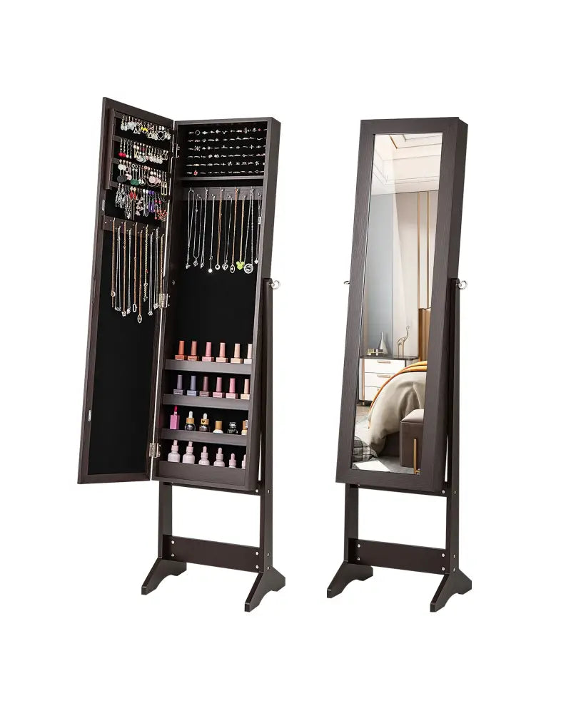 Mirrored Standing Jewelry Cabinet Storage Box-Rustic Brown - Rustic Brown - Jewelry Armoires