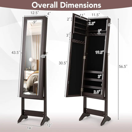 Mirrored Standing Jewelry Cabinet Storage Box-Rustic Brown - Rustic Brown - Jewelry Armoires
