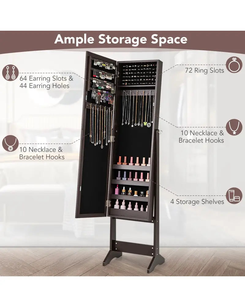 Mirrored Standing Jewelry Cabinet Storage Box-Rustic Brown - Rustic Brown - Jewelry Armoires