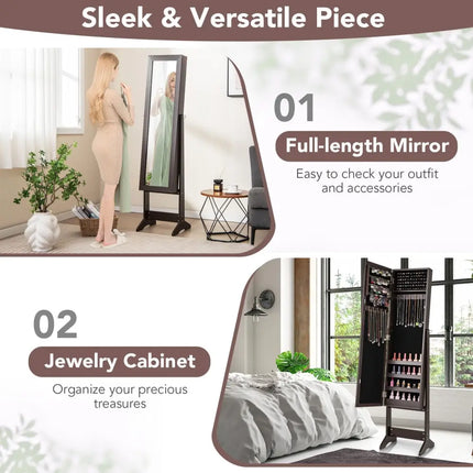 Mirrored Standing Jewelry Cabinet Storage Box-Rustic Brown - Rustic Brown - Jewelry Armoires
