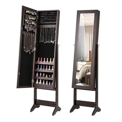 Mirrored Standing Jewelry Cabinet Storage Box-Rustic Brown - Rustic Brown - Jewelry Armoires