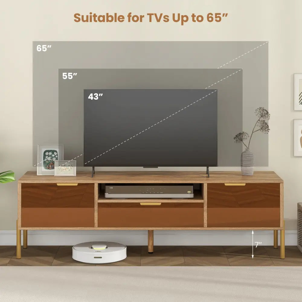 Mirrored TV Stand for TV up to 65 Inch with Spacious Tabletop and 2 Storage Cabinets-Natural - Natural - Entertainment