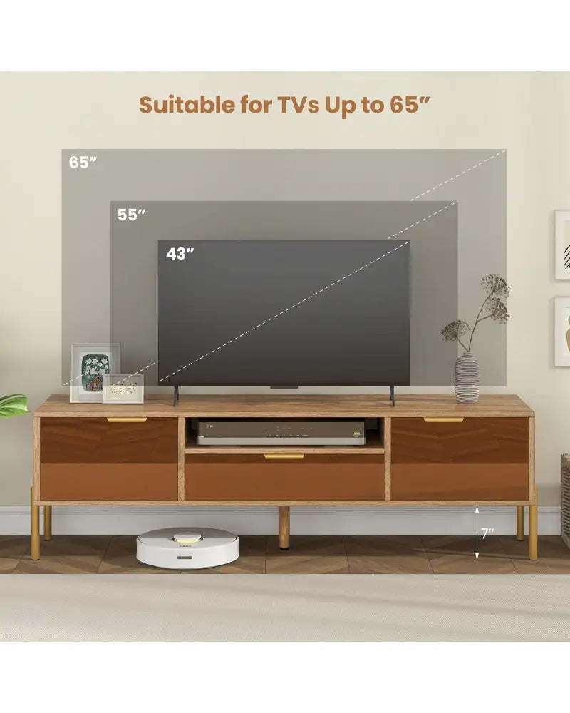 Mirrored TV Stand for TV up to 65 Inch with Spacious Tabletop and 2 Storage Cabinets-Natural - Natural - Entertainment