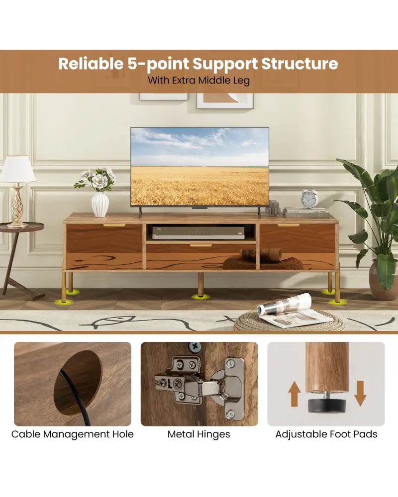 Mirrored TV Stand for TV up to 65 Inch with Spacious Tabletop and 2 Storage Cabinets-Natural - Natural - Entertainment