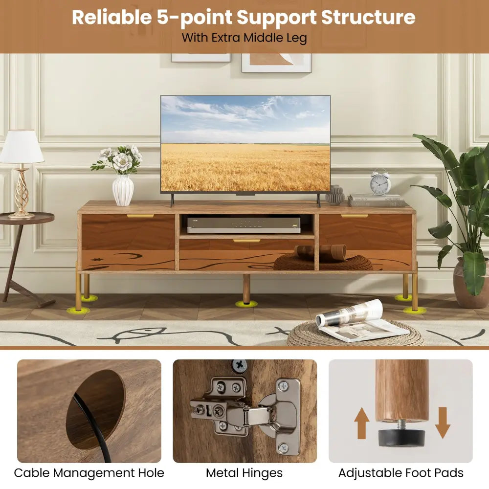 Mirrored TV Stand for TV up to 65 Inch with Spacious Tabletop and 2 Storage Cabinets-Natural - Natural - Entertainment