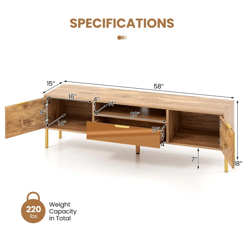 Mirrored TV Stand for TV up to 65 Inch with Spacious Tabletop and 2 Storage Cabinets-Natural - Natural - Entertainment