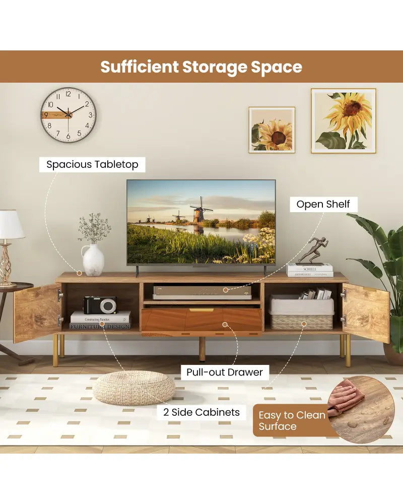 Mirrored TV Stand for TV up to 65 Inch with Spacious Tabletop and 2 Storage Cabinets-Natural - Natural - Entertainment