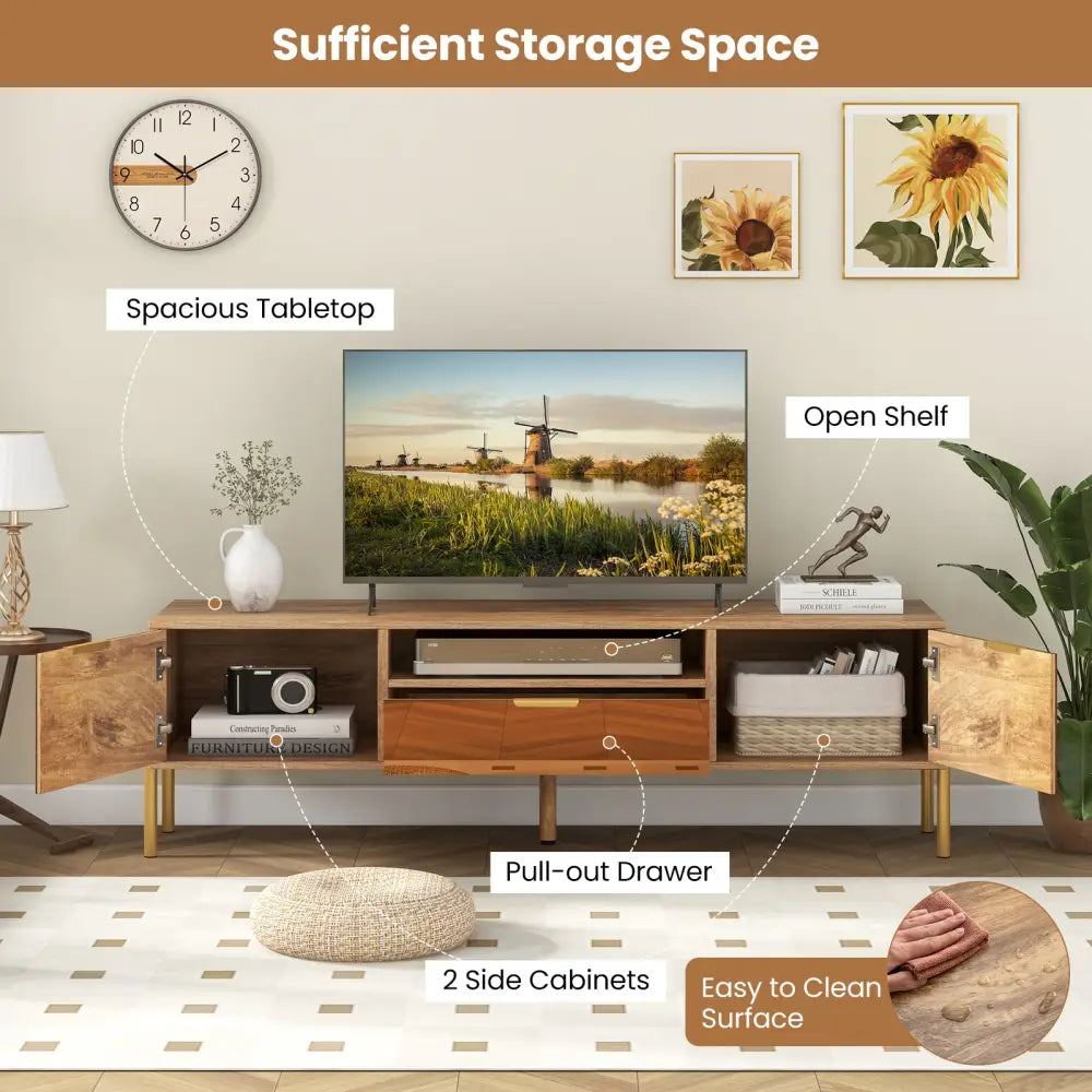 Mirrored TV Stand for TV up to 65 Inch with Spacious Tabletop and 2 Storage Cabinets-Natural - Natural - Entertainment