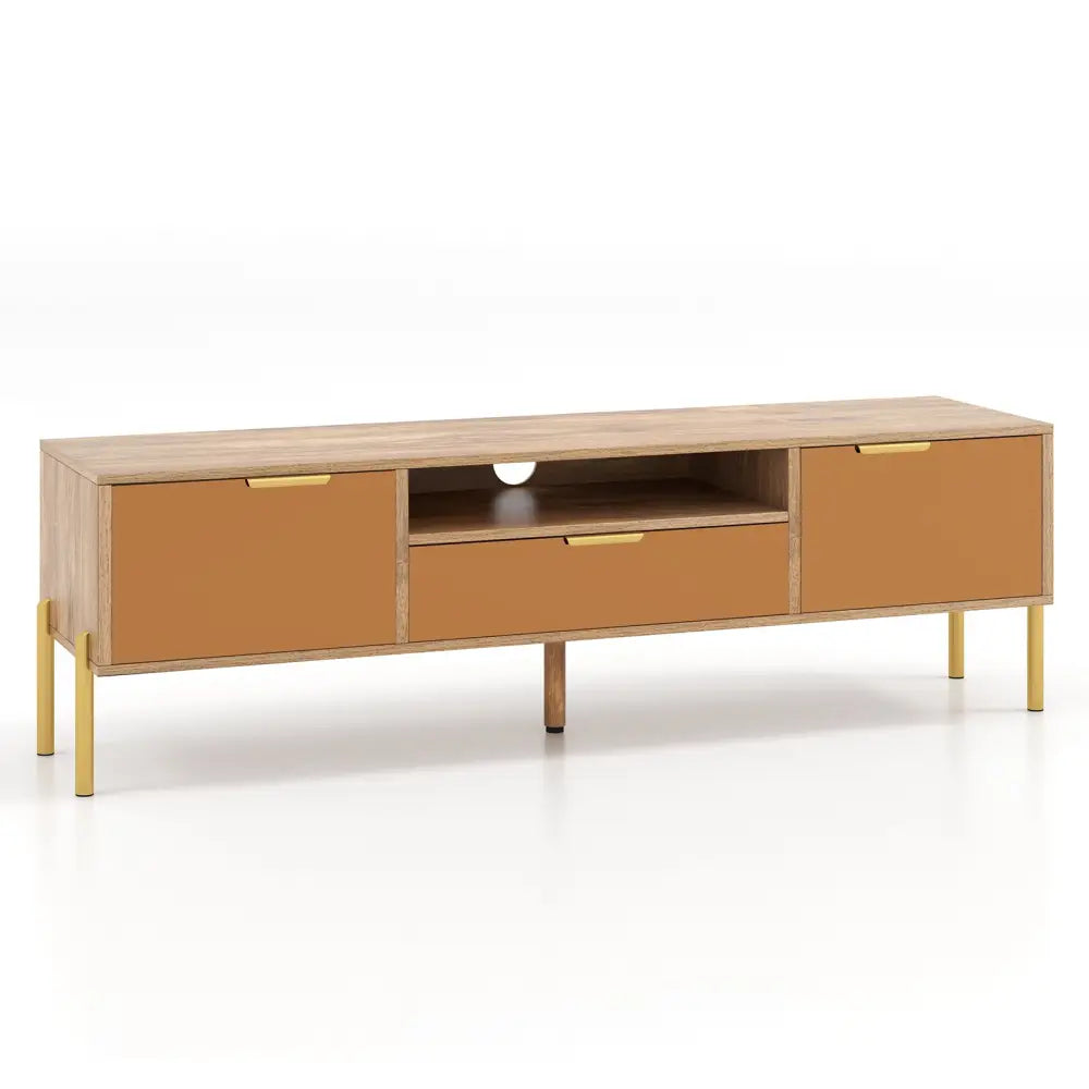 Mirrored TV Stand for TV up to 65 Inch with Spacious Tabletop and 2 Storage Cabinets-Natural - Natural - Entertainment